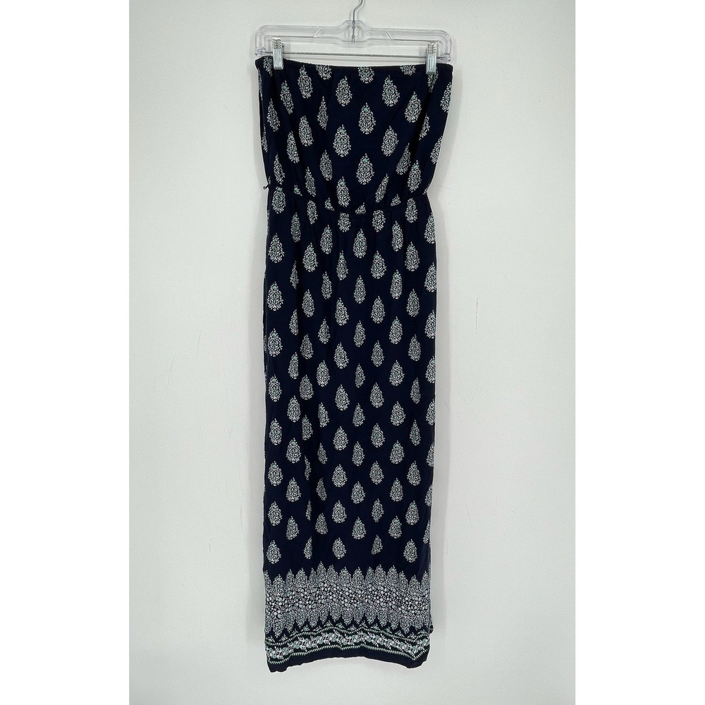 Old Navy Women's Navy Blue Paisley Side Slit Strapless Summer Maxi Dress Size M